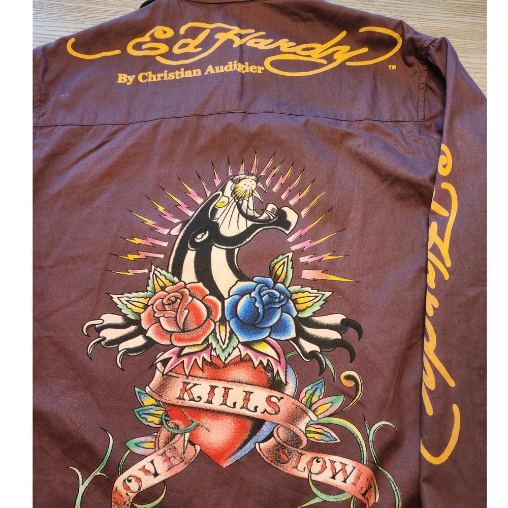 Ed Hardy Christian Audigier Love Kills Slowly Graphic Shirt. Y2K-era streetwear